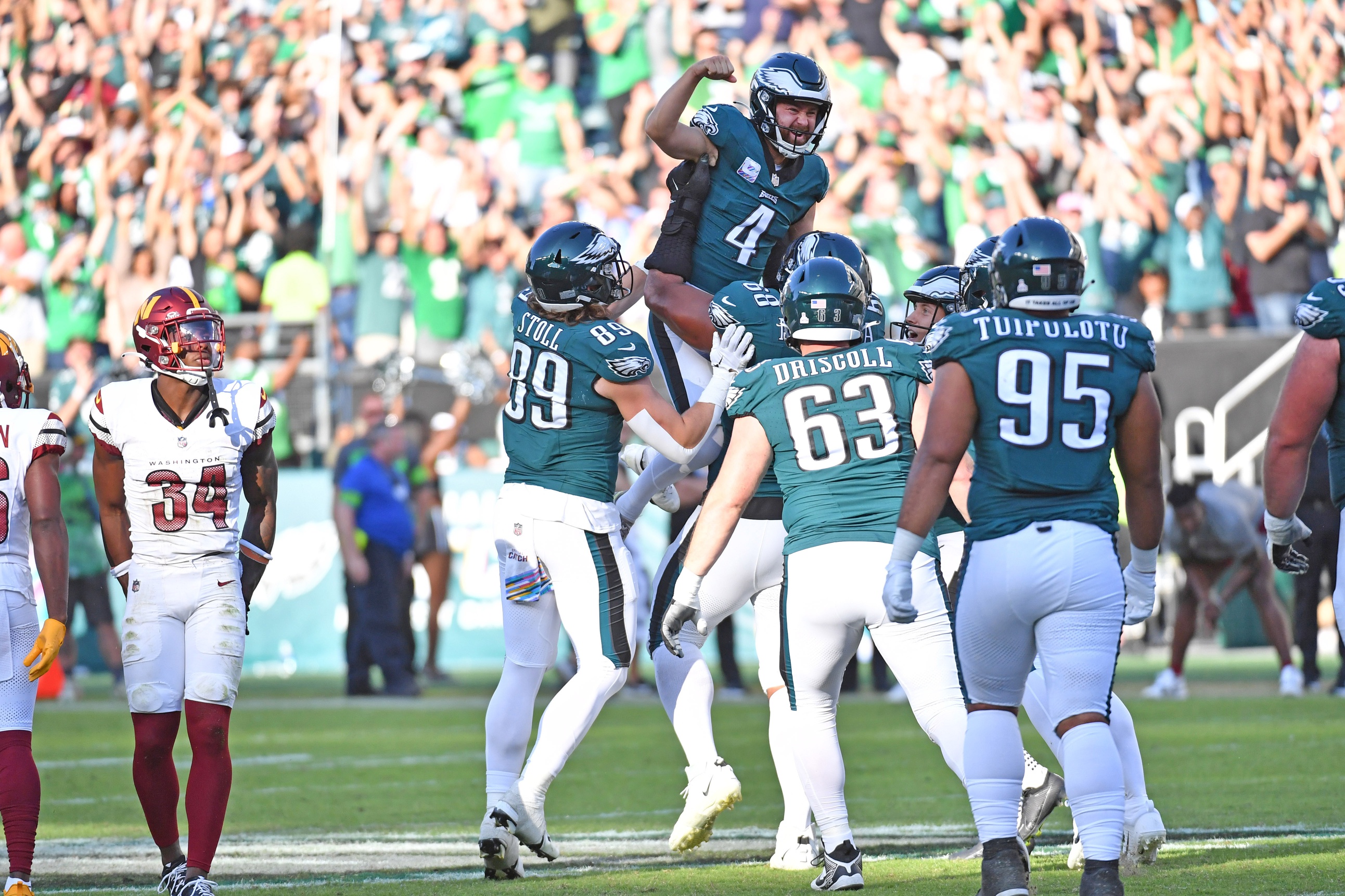 Oct 1, 2023; Philadelphia, Pennsylvania, USA; Philadelphia Eagles place kicker Jake Elliott (4) celebrates after making a 54-yard field goal to defeat the Washington Commanders in overtime at Lincoln Financial Field.